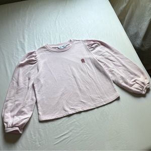 HILL HOUSE light pink knit crew neck embroidered detail puff long sleeve sweater